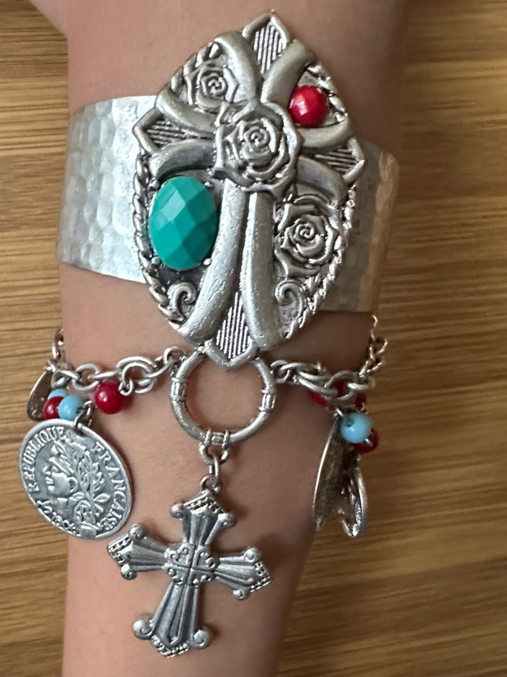 Silver-Tone Cross Cuff Bracelet with Turquoise and Red Accents